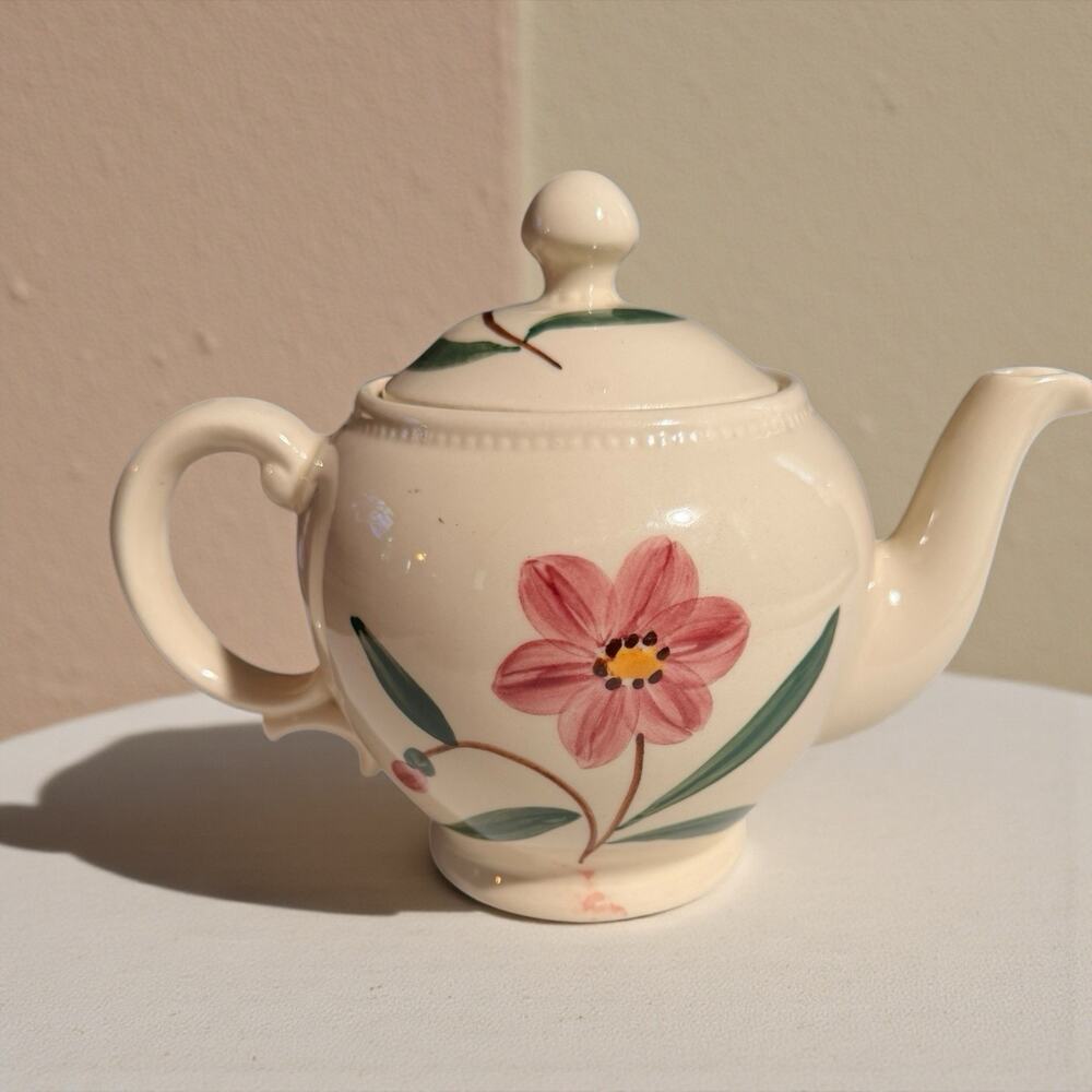 Vintage 1950's Shawnee Pottery Teapot Round Floral Decor Spring Beige Pink